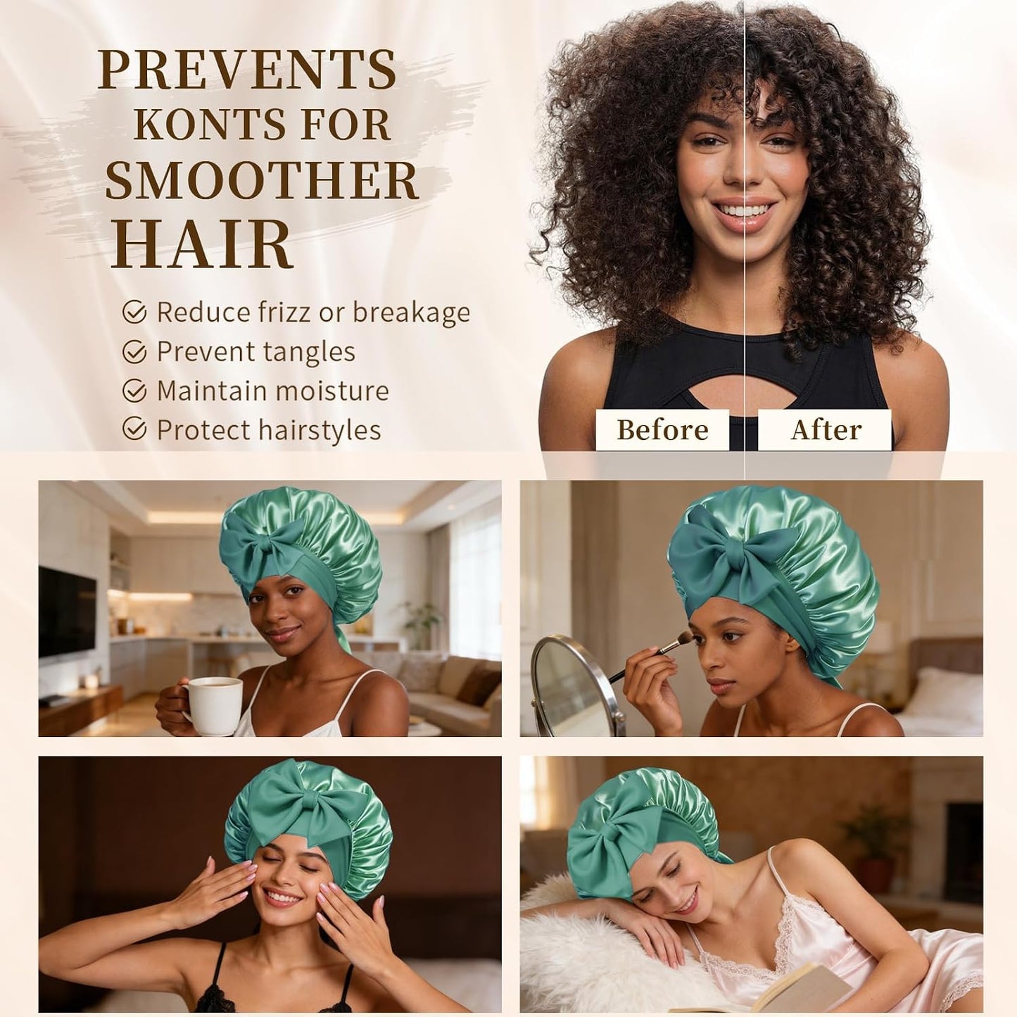 Silk Bonnet for Women, Satin Bonnet for Sleeping, Large Sleep Cap with Elastic Tie Band for Curly Hair