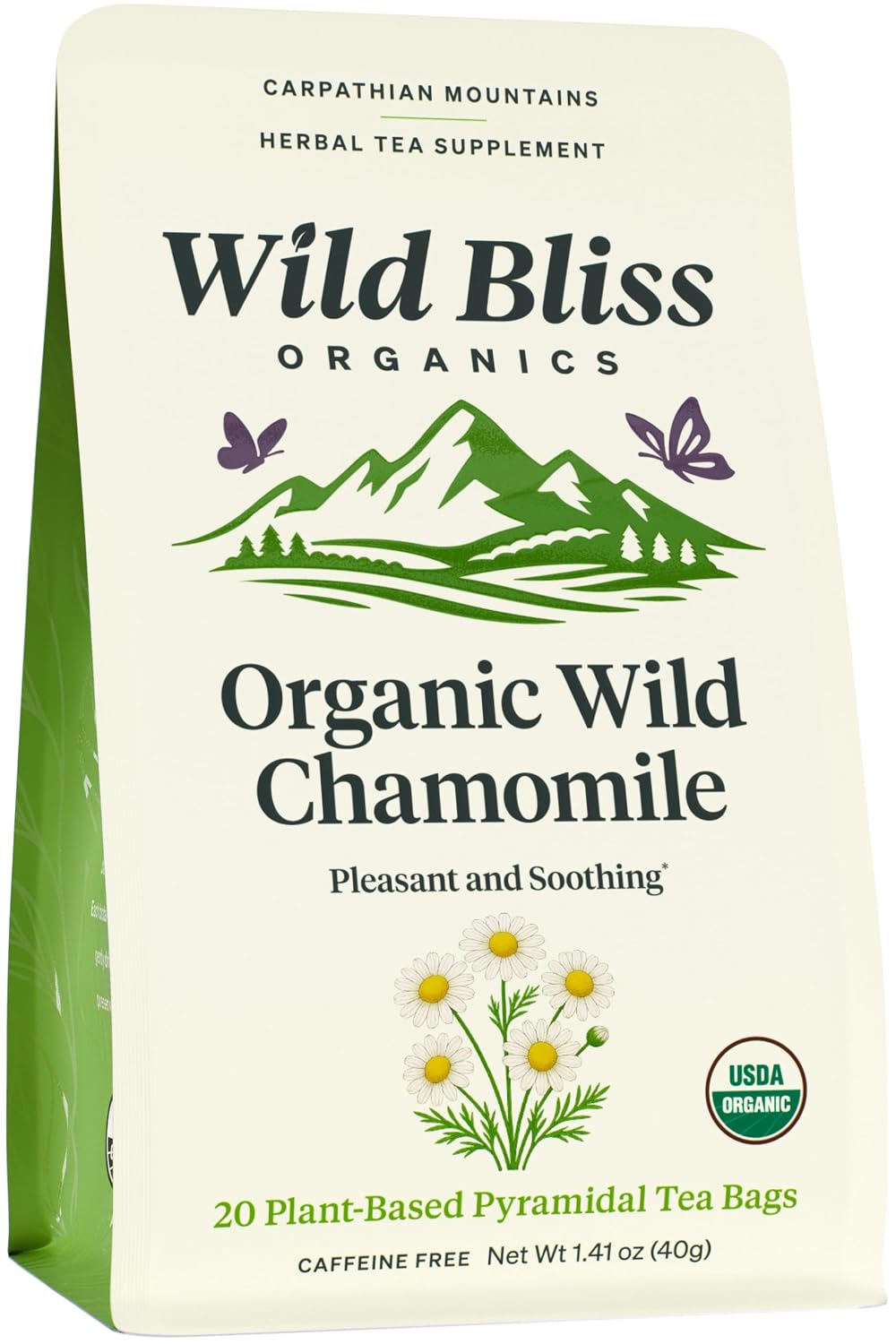 Wild Bliss Organic Chamomile Tea - Caffeine Free Calming Herbal Support - Pharmacopoeia Potency - 20 Plant Based Tea Bags