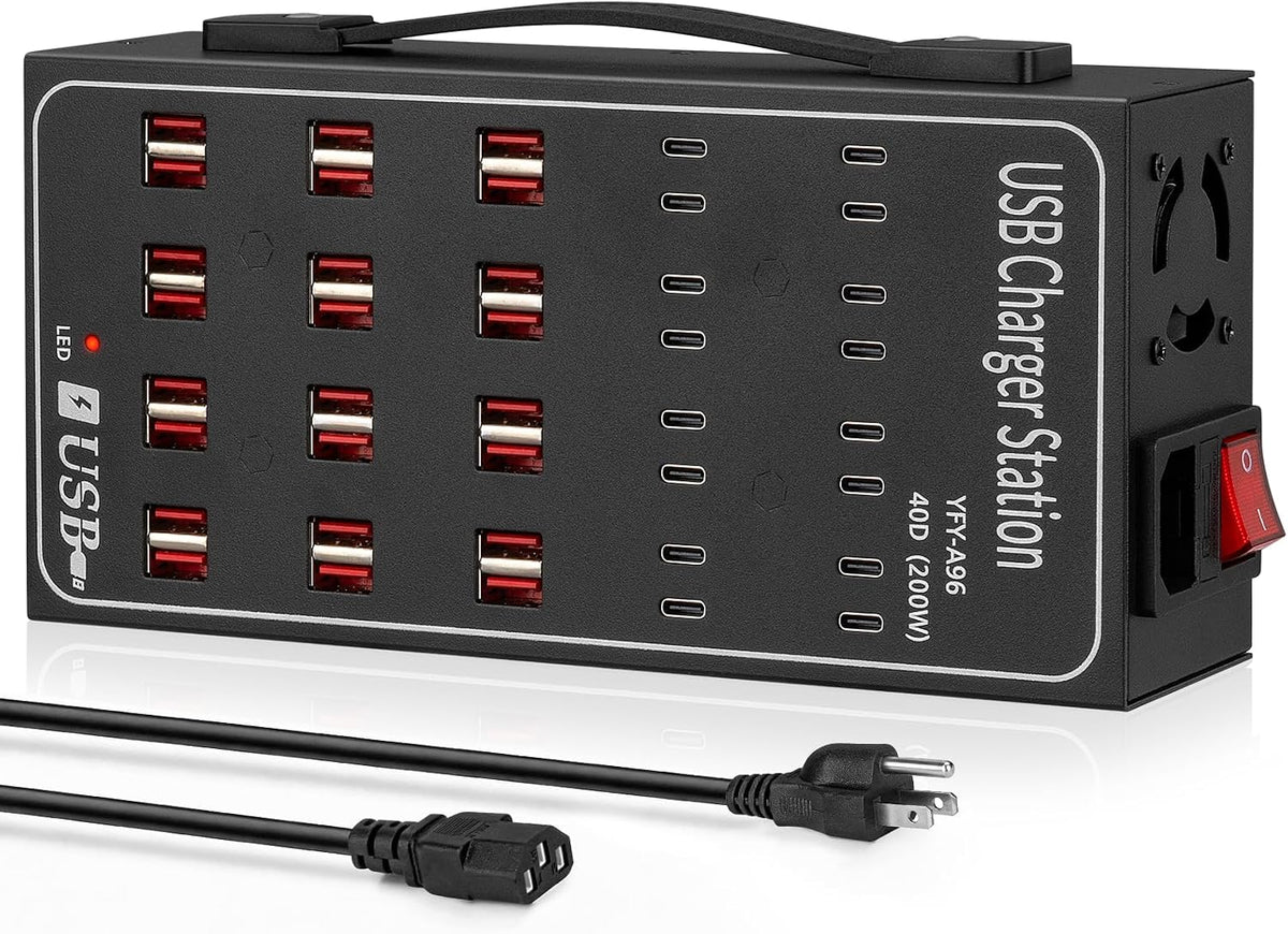 200W 40A USB Charging Station for Multiple Devices, 40 Port Fast USB Charger Block, Desktop Wall Fast Charger with Intelligent Protection, USΒ Power Strip Suitable for Home Office School
