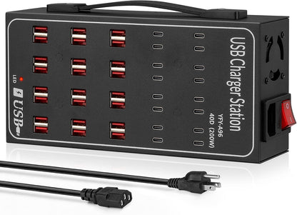 200W 40A USB Charging Station for Multiple Devices, 40 Port Fast USB Charger Block, Desktop Wall Fast Charger with Intelligent Protection, USΒ Power Strip Suitable for Home Office School