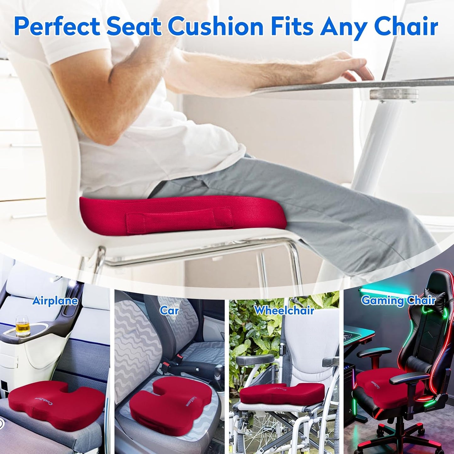 CushZone Seat Cushion - Memory Foam Office Chair Cushion for Sciatica, Tailbone & Back Pain Relief - Orthopedic Coccyx Pillow for Car, Airplane, Pregnancy & Long Sitting at Work, Black