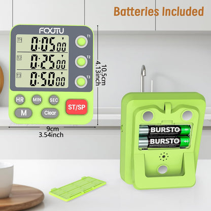 Digital Dual Kitchen Timer, 3-Channel Magnetic Countdown Timer for Cooking