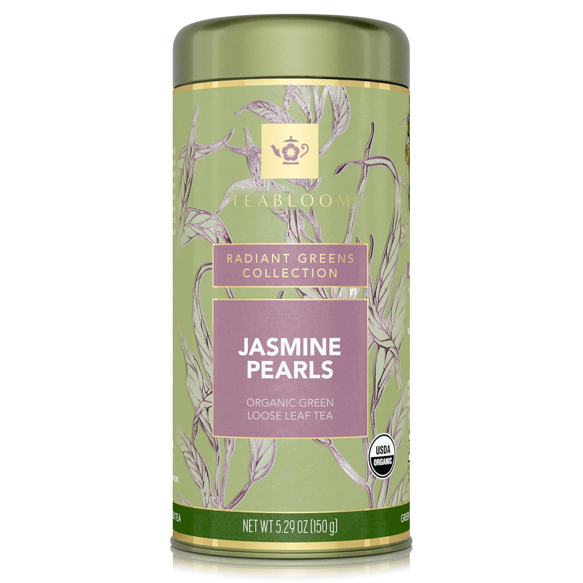 Teabloom Organic Green Tea, Jasmine Pearls Loose Leaf Tea, Captivating and Aromatic Jasmine Tea, USDA Certified Organic and Kosher, 5.29 oz/150 g Canister Makes 90-120 Cups