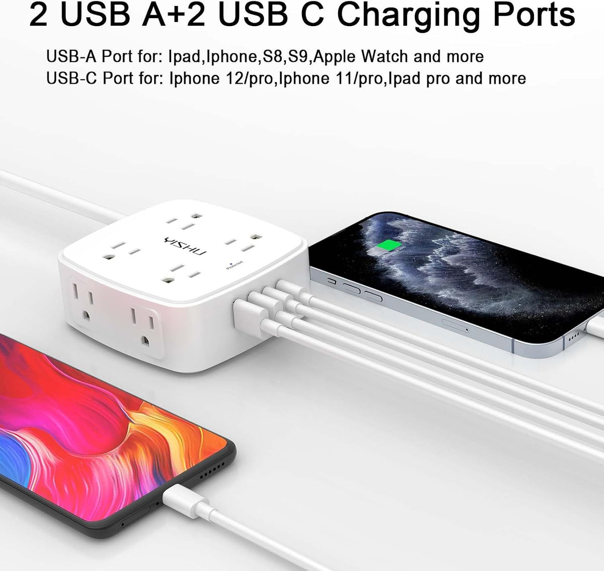 YISHU 6Ft Surge Protector Power Strip with 8 Widely Outlets & 4 USB Ports