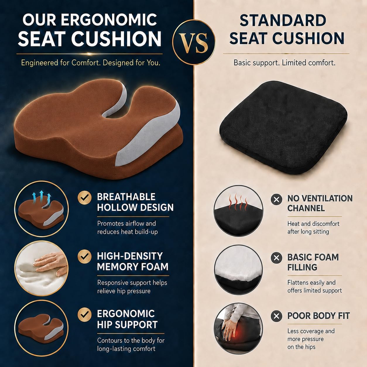 Seat Cushions for Office Chairs Wheelchair Cushion for Long Sitting Back Pain，Memory Foam Seat Car Computer Desk Chair Cushion，Coccyx Cushion for Tailbone Pain Relief Cushion Office Chair Black