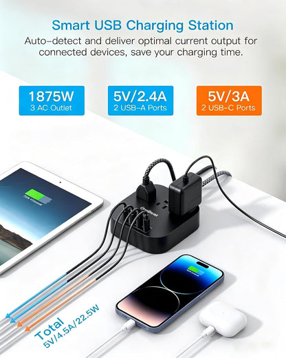 One Beat Power Strip with USB C, 3 Outlets 4 USB Ports (22.5W/4.5A), 6ft