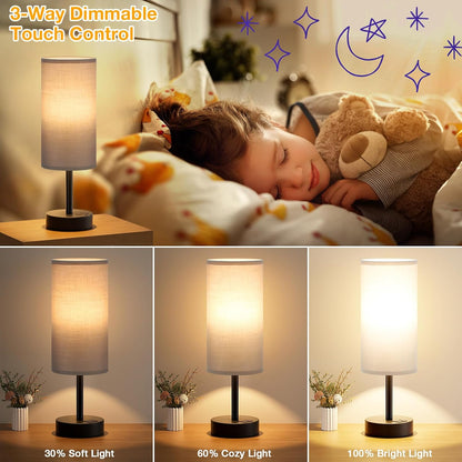 Dicoool Touch Bedside Table Lamp with USB - 3 Way Dimmable Wood Lamp for Bedroom Nightstand, Desk Lamp with Charging Station for Dorm, Living Room, Office, Kids Room, Small, 14in