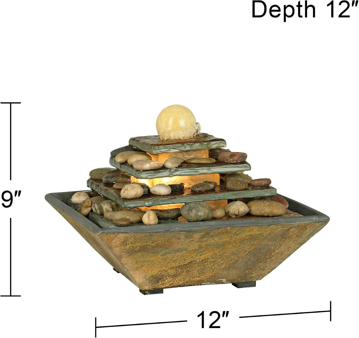 Pyramid 10" High Small Zen Modern Indoor Decor Slate Stone Tabletop Fountain with Light Waterfall Feng Shui Ball Rock Water Feature for Desk Relaxation Bedroom Living Room Countertop - John Timberland