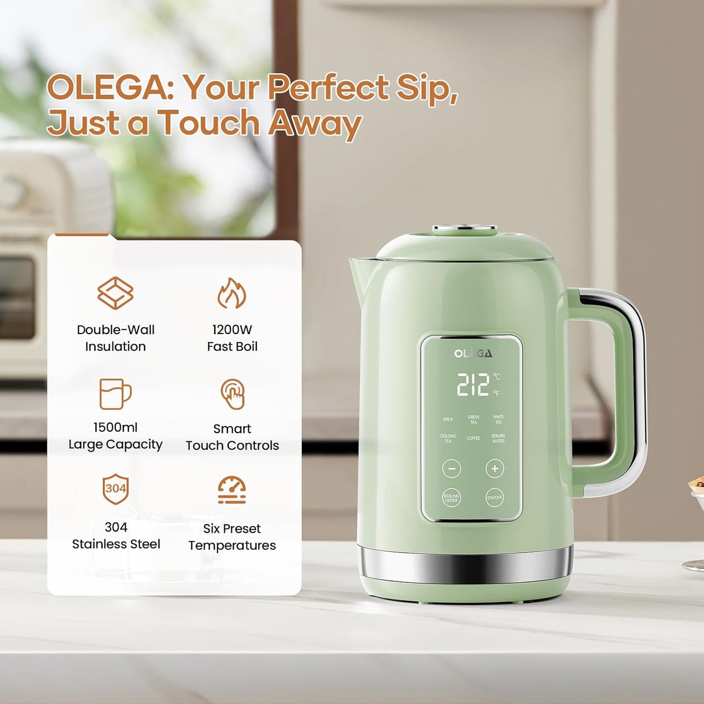 Electric Kettle Temperature Control: OLEGA 1.5L Stainless Steel Smart Kettle Hot Water Boiler, 6 Temp Presets, 1200W Fast Boiling Electric Tea & Coffee Kettle, Electric Kettles Teapot for Home -Green