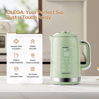 Electric Kettle Temperature Control: OLEGA 1.5L Stainless Steel Smart Kettle Hot Water Boiler, 6 Temp Presets, 1200W Fast Boiling Electric Tea & Coffee Kettle, Electric Kettles Teapot for Home -Green