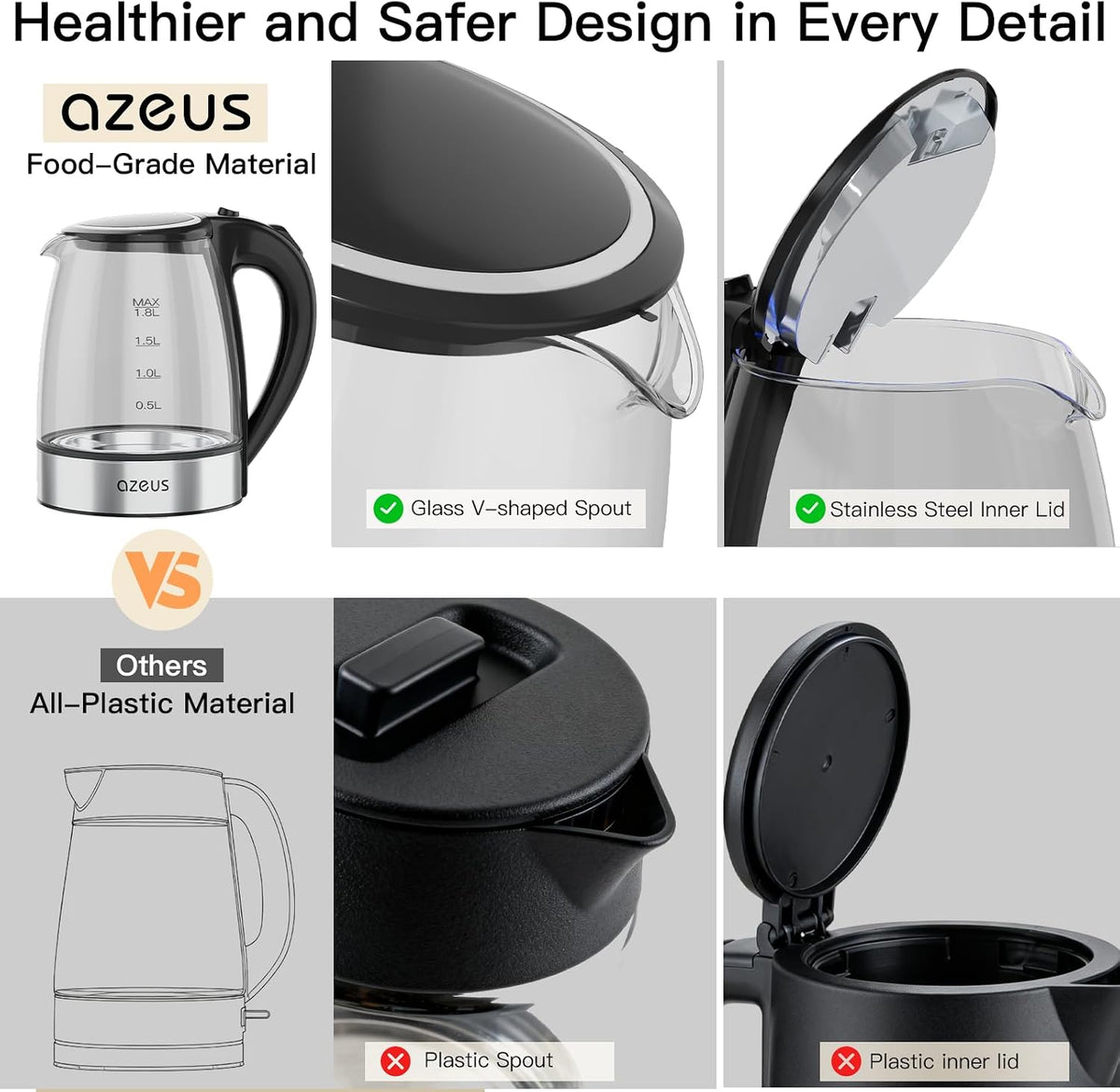 AZEUS Electric Kettle 1800W Cool Touch Tea Kettle Anti-scalding Design 1.8L Large Capacity Kettle BPA-Free, White