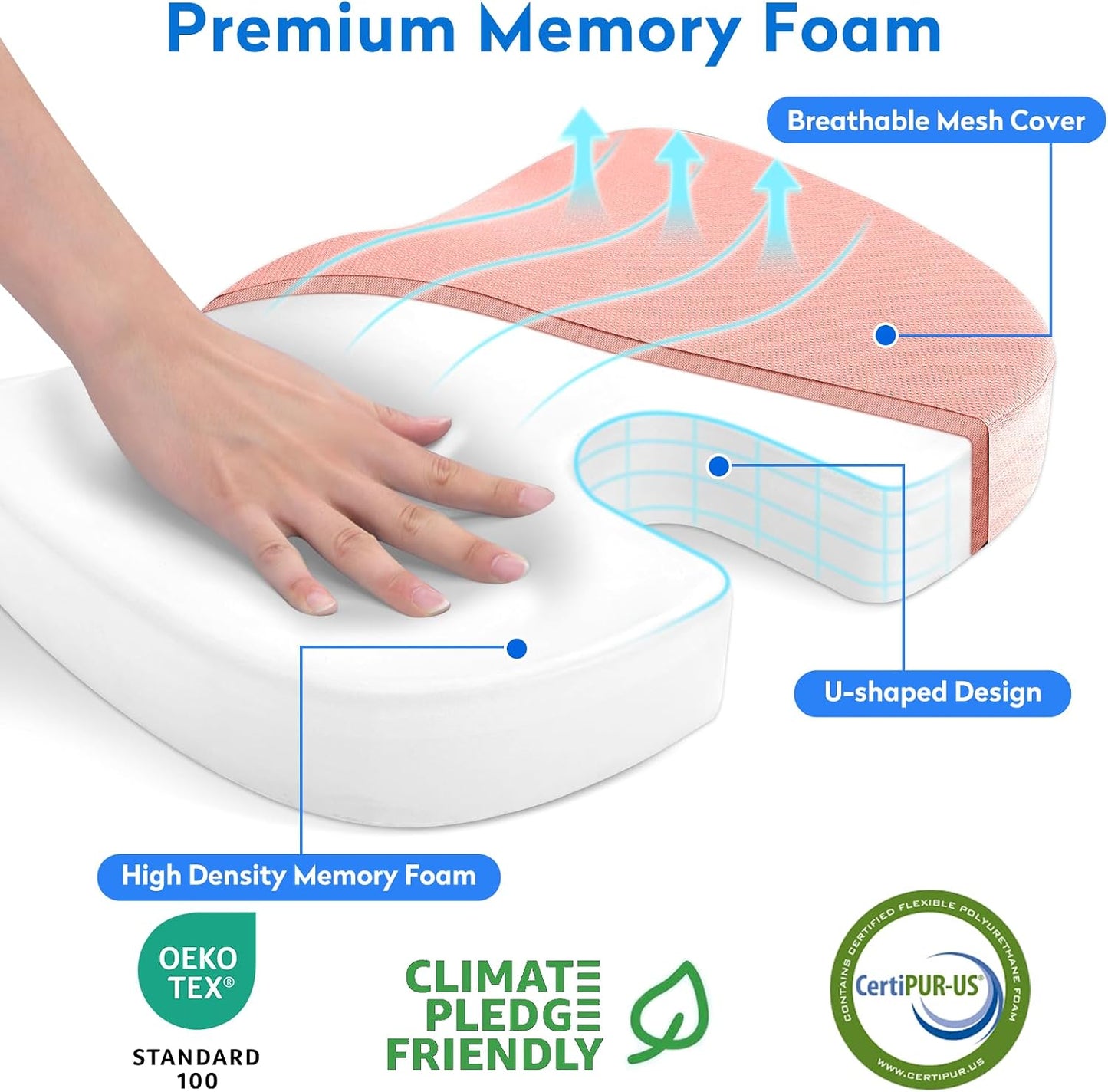 CushZone Seat Cushion - Memory Foam Office Chair Cushion for Sciatica, Tailbone & Back Pain Relief - Orthopedic Coccyx Pillow for Car, Airplane, Pregnancy & Long Sitting at Work, Black