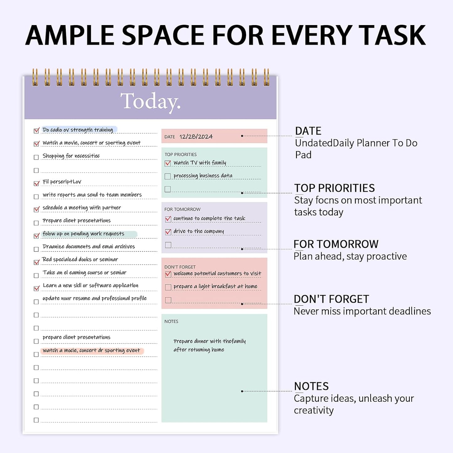 To Do List Notepad - Daily Planner Notepad 104 Pages Task Planner, 6.7" x 9.8" Double Sided Spiral Notebook with Checklist Productivity Planning Pad for Work Office Home-Pink