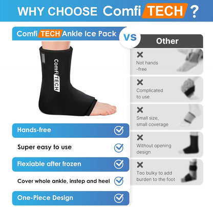 Comfitech Ankle Ice Pack Wrap Sleeve with Large Opening, Reusable Gel Cold Pad for Foot and Heel, X-Large