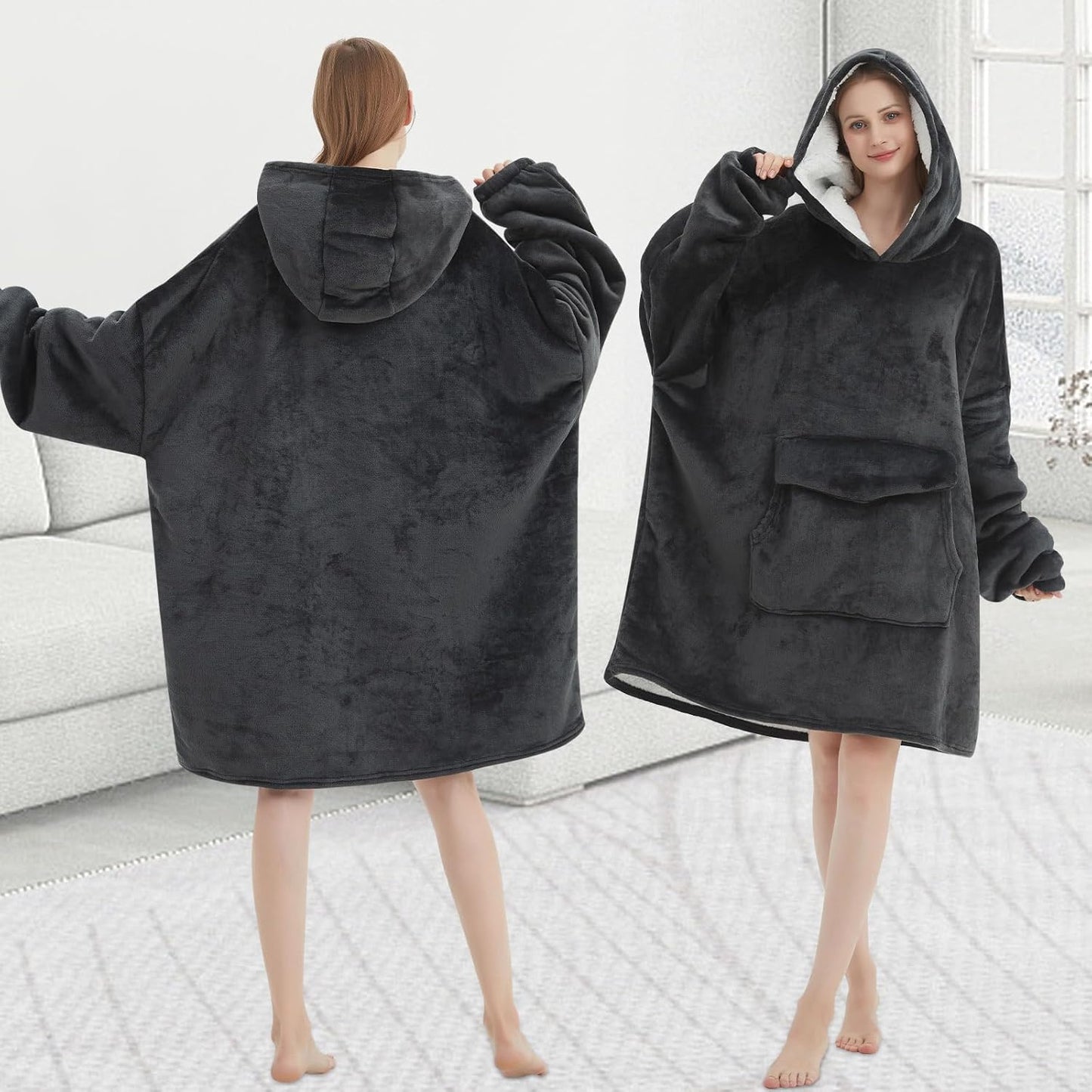 Mewkou Wearable Blanket Hoodie for Adult,Oversized Sherpa Fleece Blanket Hoodie for Women Men,Grey