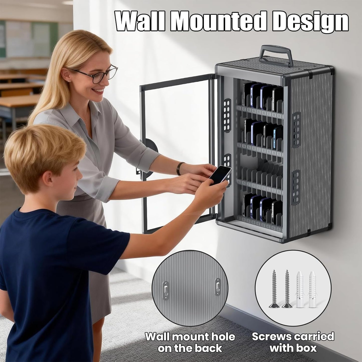 36 Slots Cell Phone Locker for Classroom with Key, Portable Mobile Phone Storage Box with Handle & Charging Hole, Phone Lock Box Wall Mounted for School (Black, 36 Slots)