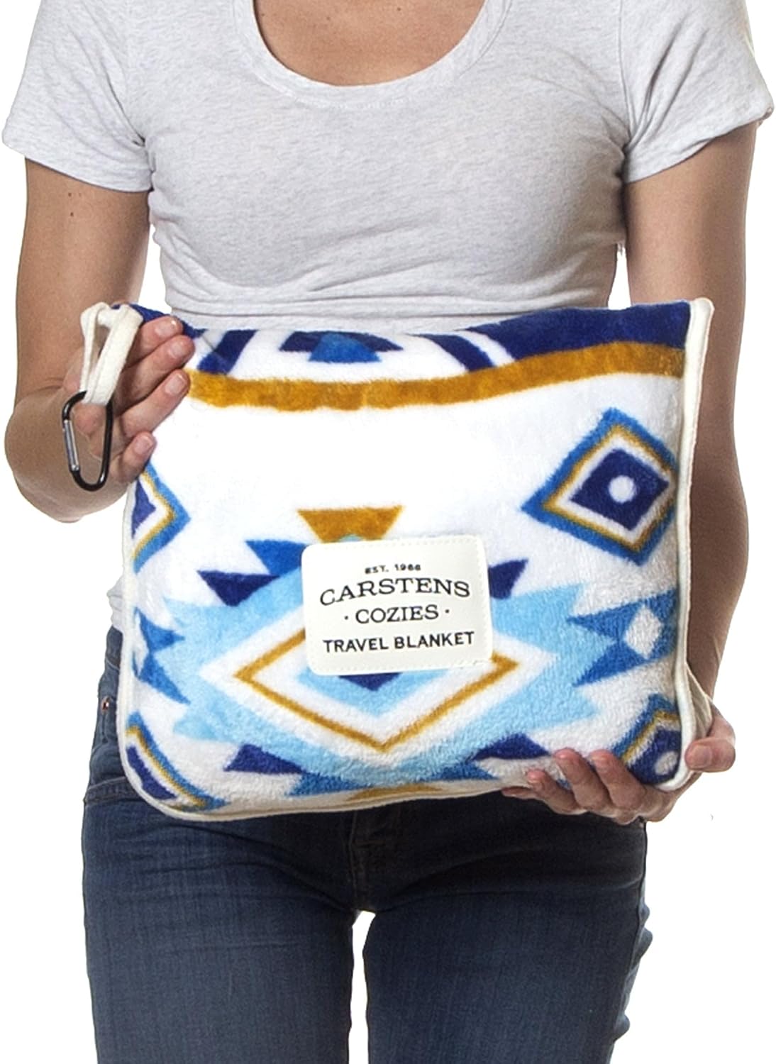 Carstens, Inc. Travel Blanket, Premium Compact 2-in-1 Airplane Blanket/Pillow, Open Sky Blue Aztec