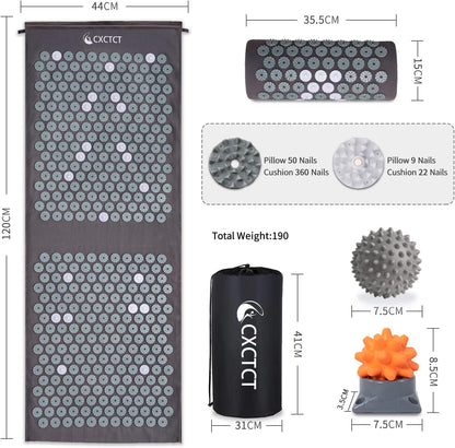 Extra Long Yoga Acupressure Mat Set,Massage Acupuncture Mat Large,Magnetic Mat Acupressure Body mat and Pillow for Neck Back Pain Relief(Grey)