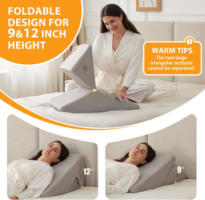 Ruqmuis 3PCS Wedge Pillow Set for After Surgery, Adjustable 9&12 Inch Bed Wedge Pillow for Sleeping, Incline Pillow Wedge for Headboard, Post Surgery, Acid Reflux, Neck&Back Support, White/Grey