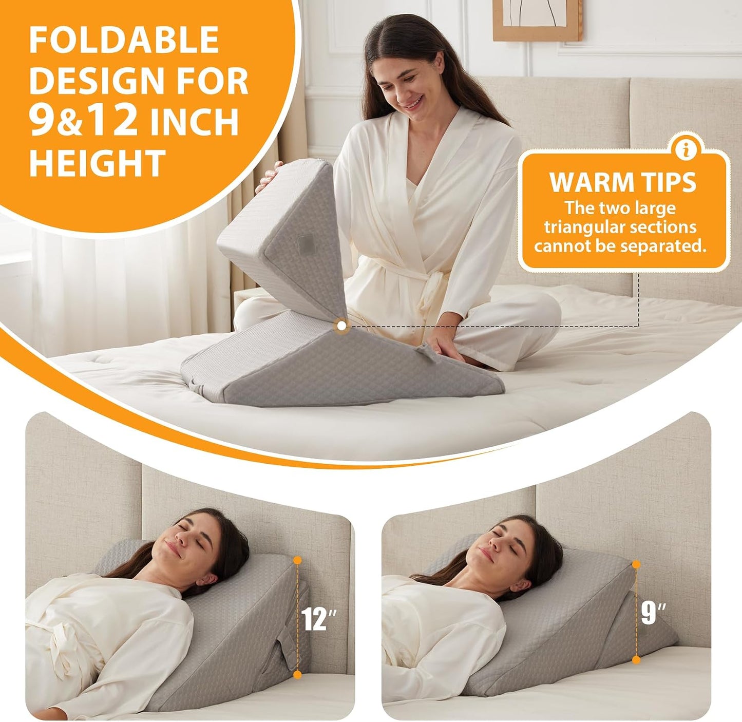 Ruqmuis Wedge Pillow Set for After Surgery, 3PCS Adjustable 9&12 Inch Bed Wedge Pillow for Sleeping, Incline Pillow Wedge for Headboard, Post Surgery, Acid Reflux, Neck&Back Support, White/Grey