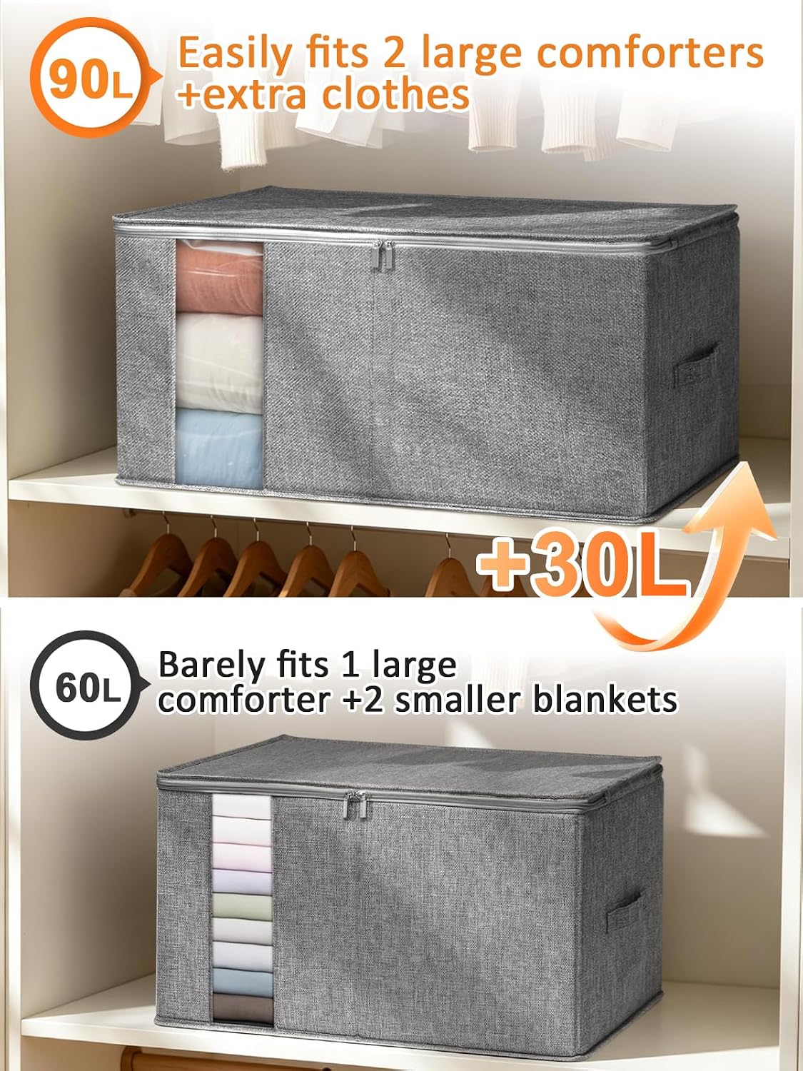 punemi 60L Sturdy Comforter Storage Bag, Blanket Organizer, Grey