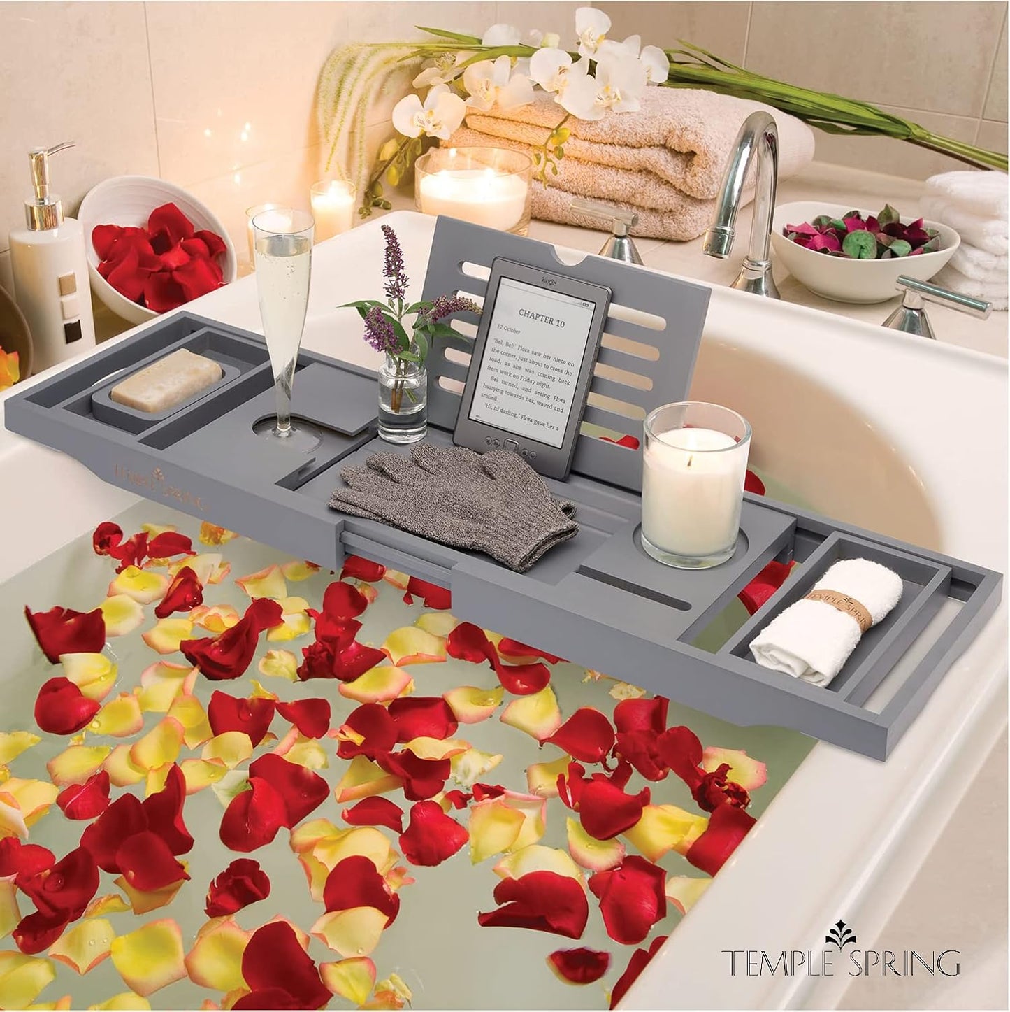 Temple Spring Bamboo Bathtub Tray Caddy for Tub — Expandable Wood Bath Tray with Solid Book Stand Wine Holder and Non-Slip Pads — Includes Bamboo Soap Dish and Spa Accessories — Luxury Bath Gift Set