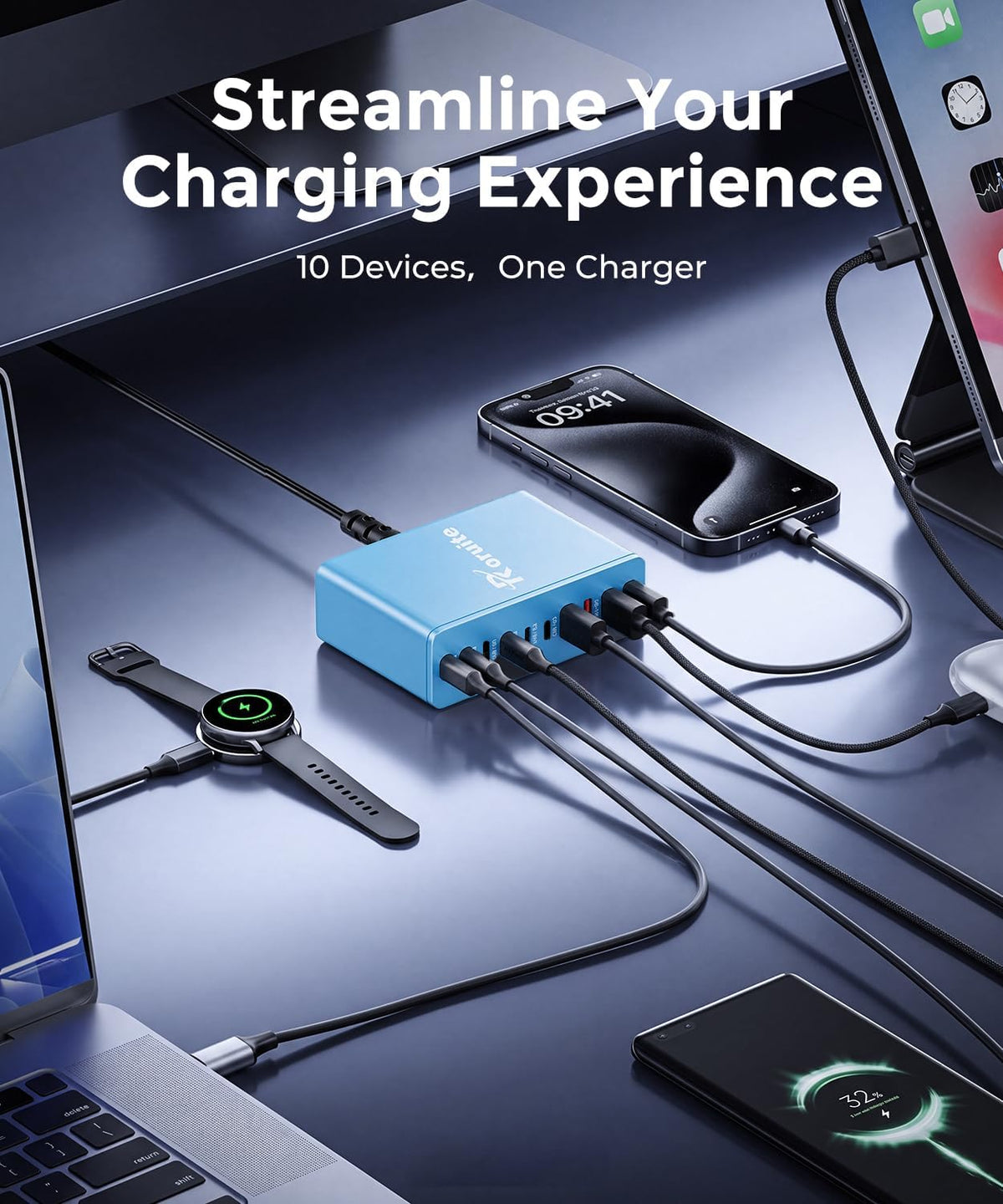 USB C Charging Station 10 Port with 4 Cables,245W GaN Charger Block