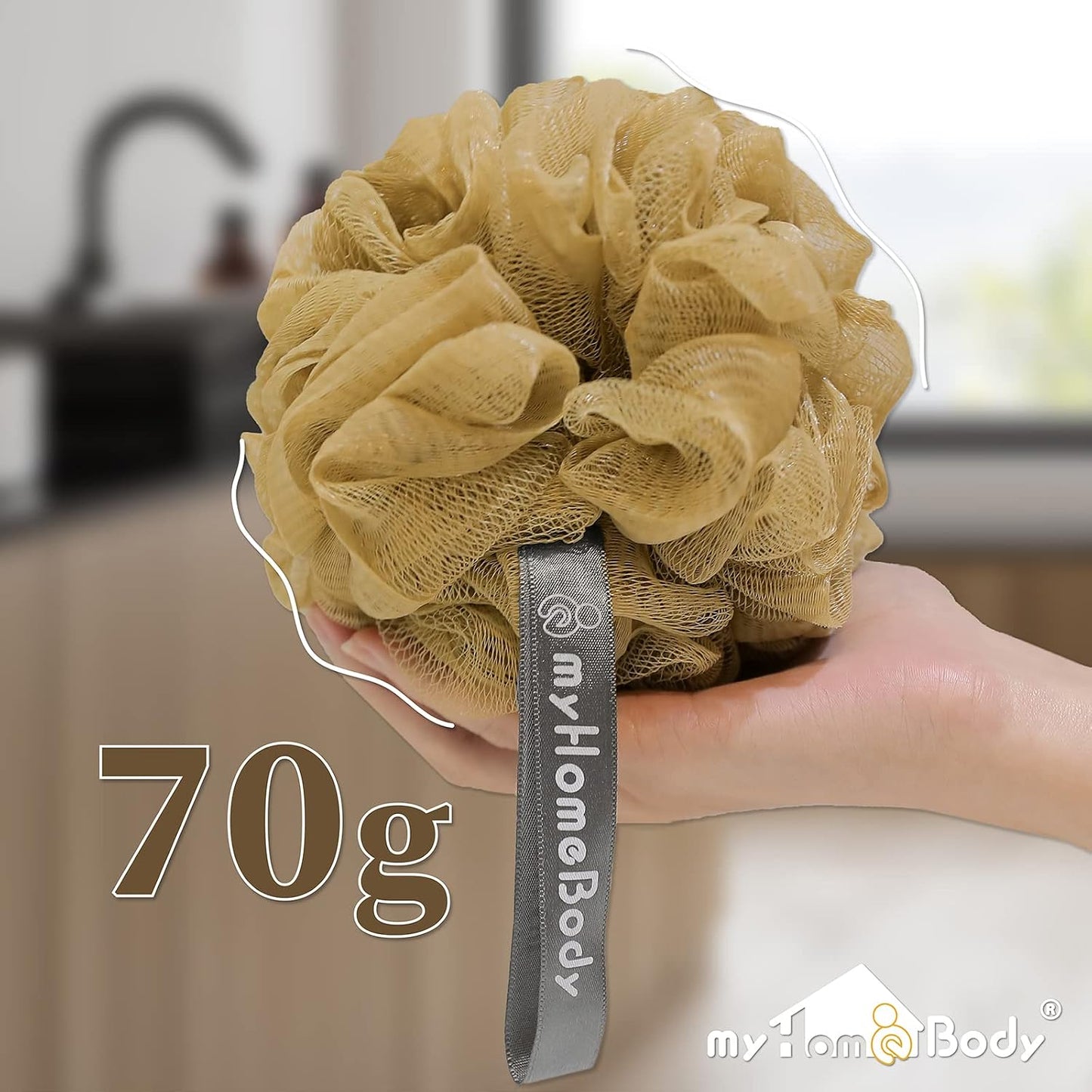 myHomeBody Large 70g Loofah Sponge, Bath Body Scrubber for Women, Men, Exfoliating Shower Pouf with Activated Charcoal - 2 Graphite Gray + 1 Sage Green, 3 Pack