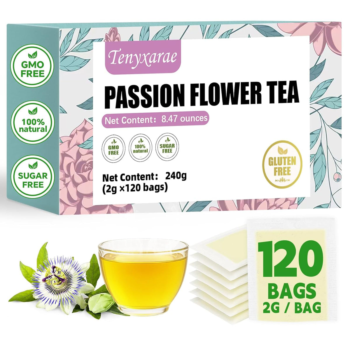 Passion Flowers Tea Bags-120 Teabags, 2g/Bag, Made with 100% Natural Passion Flowers. Caffeine-Free | Sugar-Free | Gluten-Free | Vegan. Eco-Friendly Tea Bags