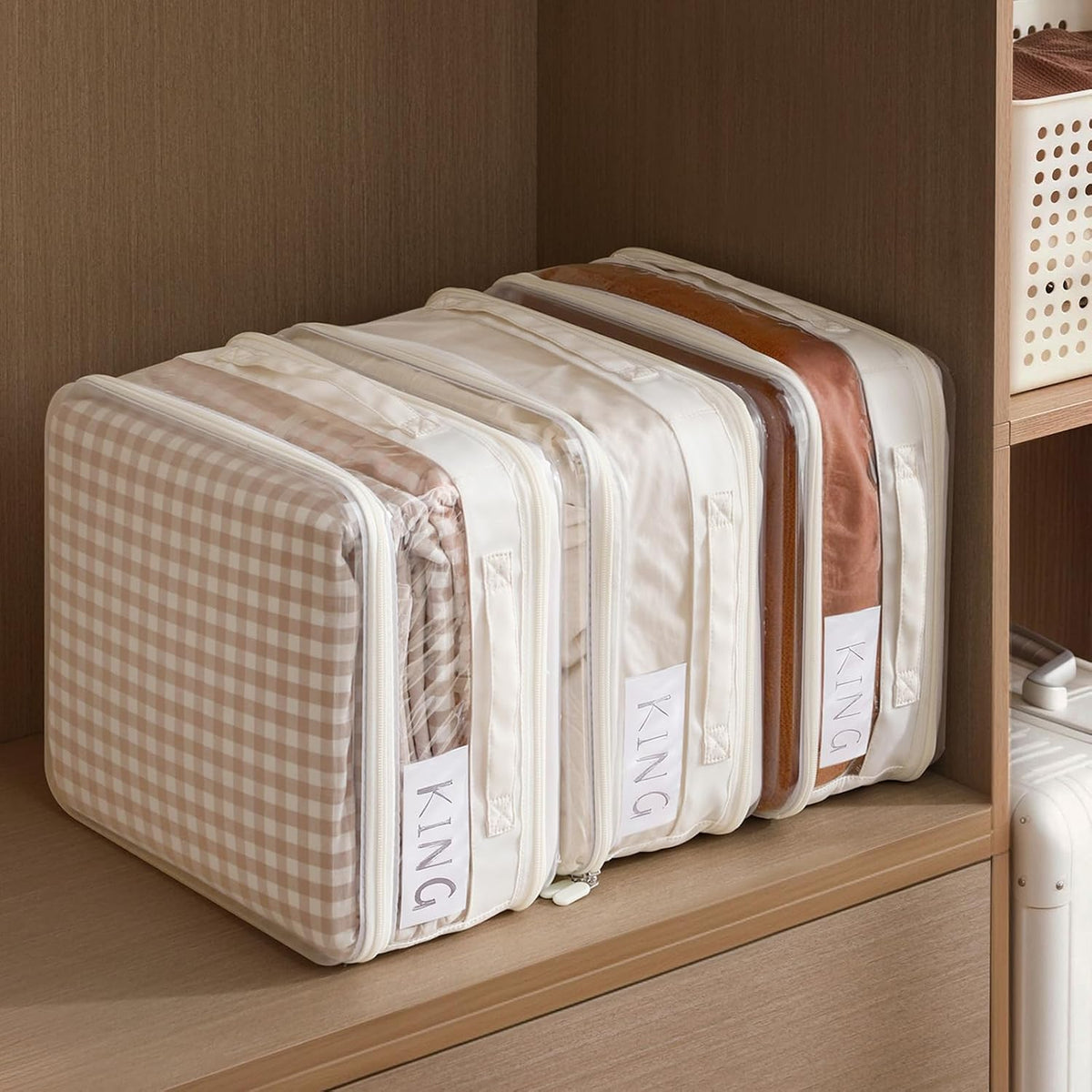 CoiiJoii 3 Pack Sheet Organizers And Storage, Double Side Clear Hard Shell Window. Expandable Blanket Storage Bags, Large Stackable Closet Storage Bins.