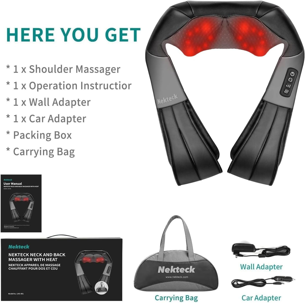 Nekteck Heated Shiatsu Neck Massager with Bag for Pain Relief, NOT Cordless