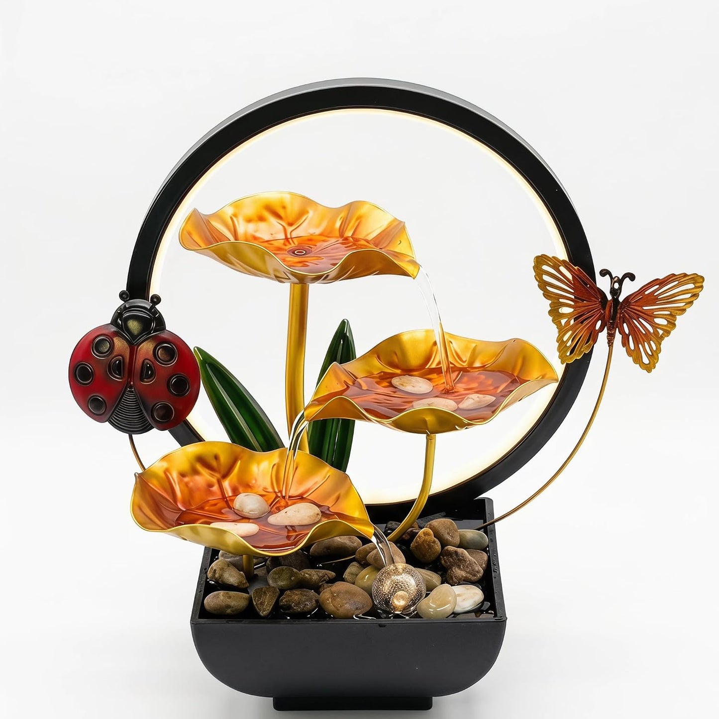 Tabletop Fountain,Indoor Water Fountain,Home Fengshui Décor Zen Relaxation Soothing Sound Machine for Office,Living Room,or Bedroom,Green Lotus,Hummingbird & Pink Flower,9.1inch