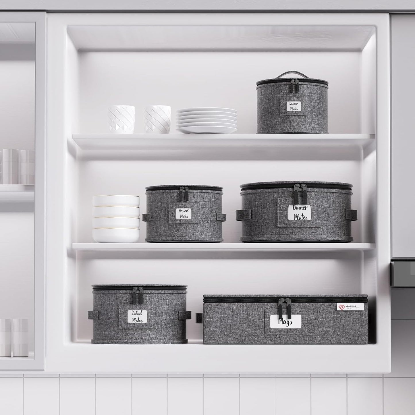 YearningHome Cup and Mug Storage Box with Hard Shell and Dividers for Coffee Mugs,Tea Cups and Glasses,Stackable Storage Organizers with Lid,Handles,Zips and Label for Moving,Holds 12,2 Pack, Grey