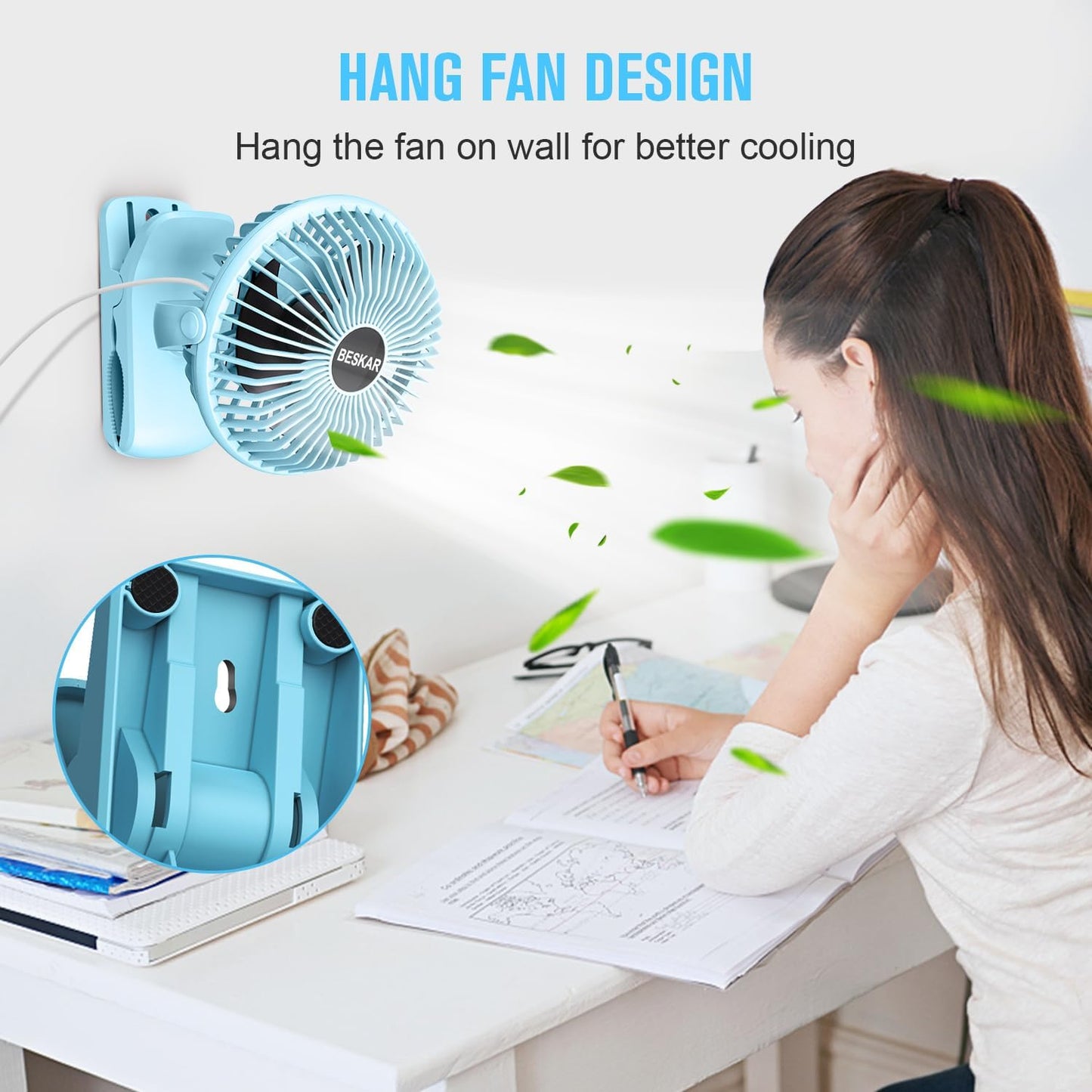 BESKAR Small Clip on Fan, 3 Speeds USB Fans with Strong Airflow, Clip & Desk Fans USB Plug in with Sturdy Clamp - Ultra Quiet operation for Office Dorm Bedroom Stroller