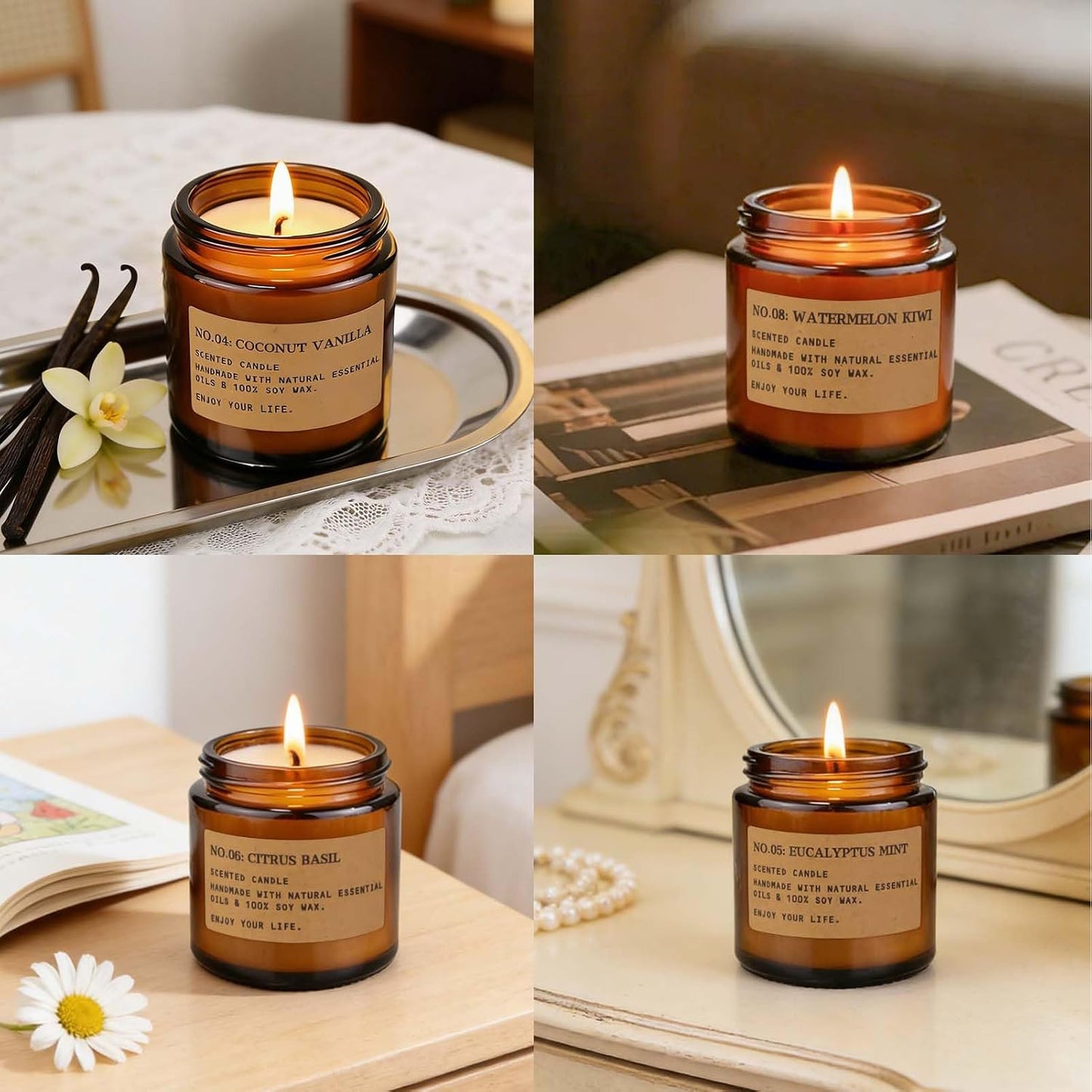 Scented Candles for Home,8 Pack Soy Wax Candle Set,Scented Candles Gift Set,Aromatherapy Candles, Amber Jar Vintage Apothecary Style, 8 Scents Gift Set
