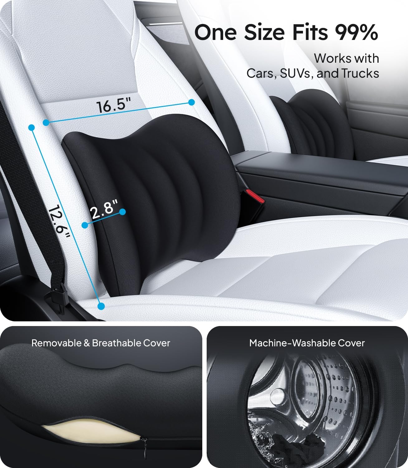 Wigoo 2026 Lumbar Support Pillow for Car [Ergonomic Design, Pressure Relief] Back Cushion for Driving Seat, Back Support Pillow for Car-Office Chair, Fits All Vehicles (Black 1-Pack)