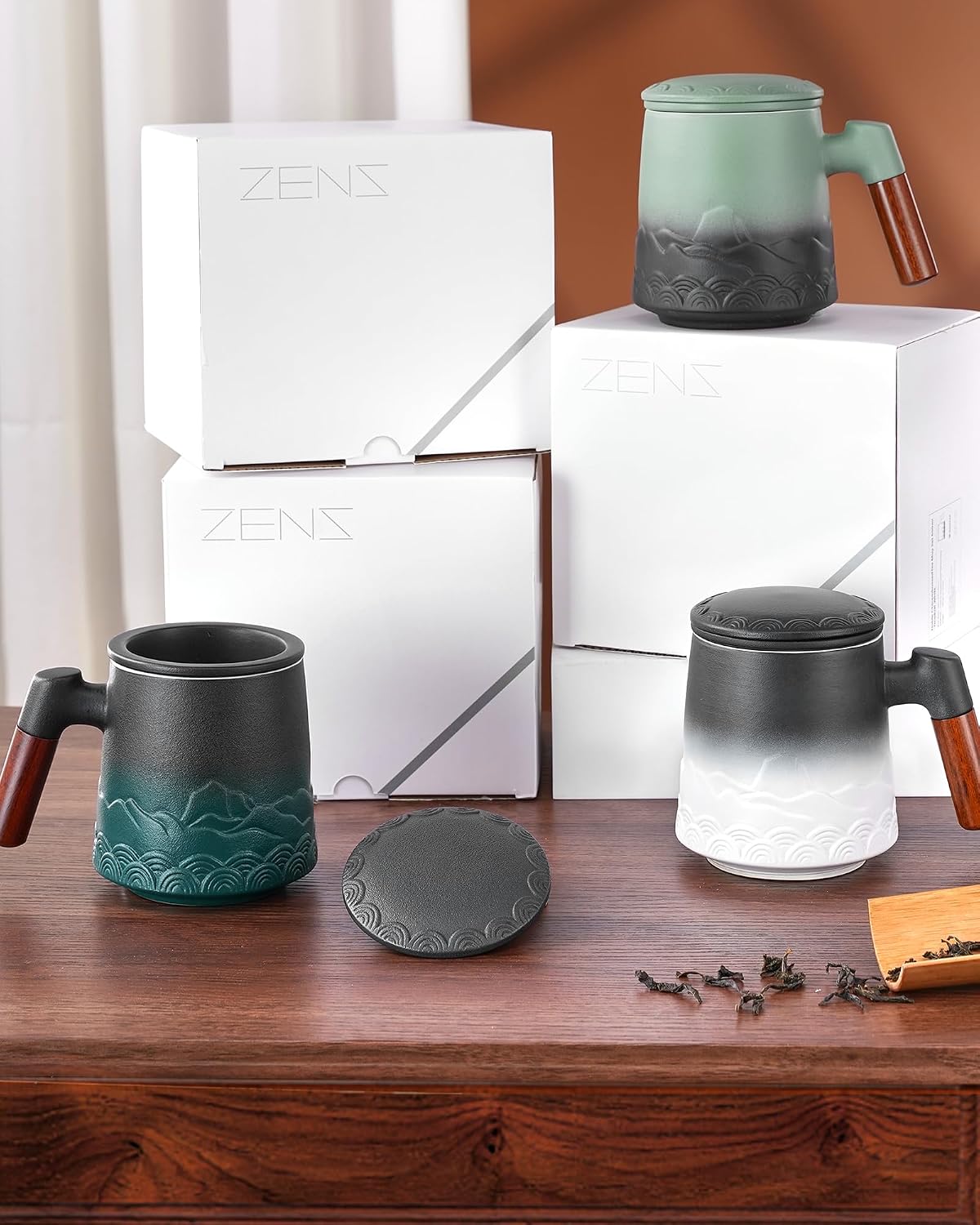 ZENS Embossed Ceramic Tea Mug with Infuser and Lid, 14.5 oz Wooden Handle, Loose Leaf Tea Steeper Cup & Strainer for Tea Lovers Gifts