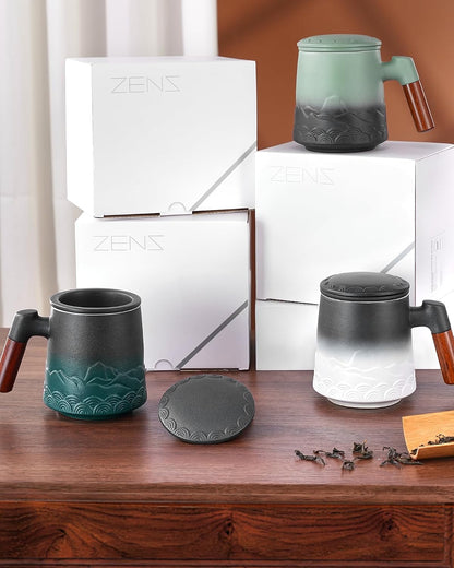 ZENS Embossed Ceramic Tea Mug with Infuser and Lid, 14.5 oz Wooden Handle, Loose Leaf Tea Steeper Cup & Strainer for Tea Lovers Gifts