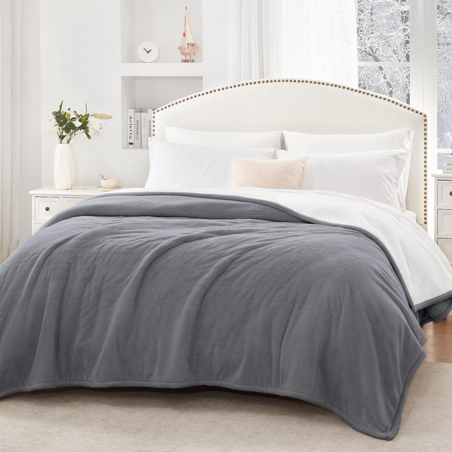 Sealy Electric Throw Blanket, Flannel & Sherpa Heated Throw with 6 Heating Levels & 2-10 Hours Auto Shut Off, Fast Heating & Machine Washable, 50x60 Inch, Light Grey