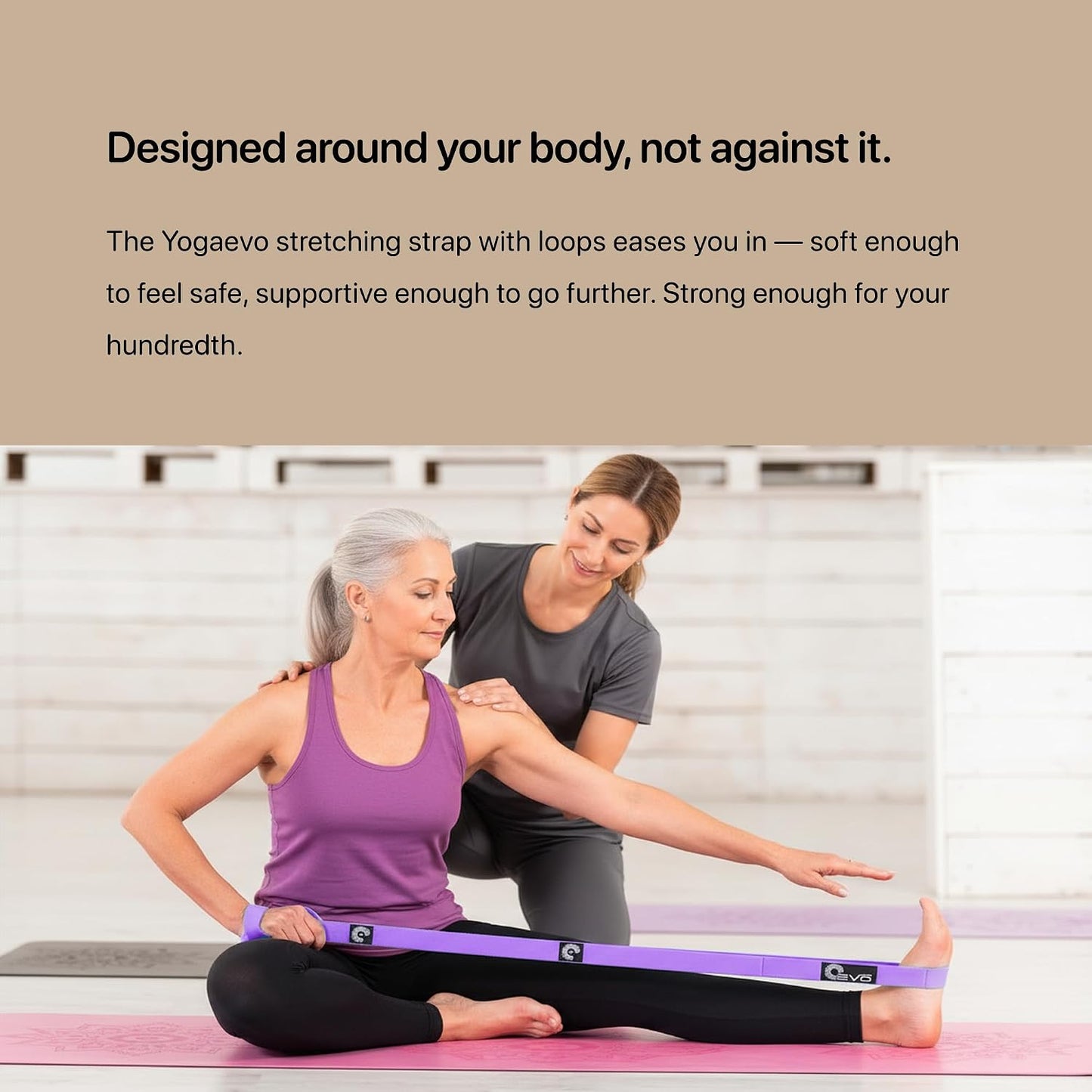 YogaEVO Stretching Strap with Loops for Physical Therapy — Yoga Strap & Resistance Band in One — Flexibility & Back Recovery — HD Video Routines Included