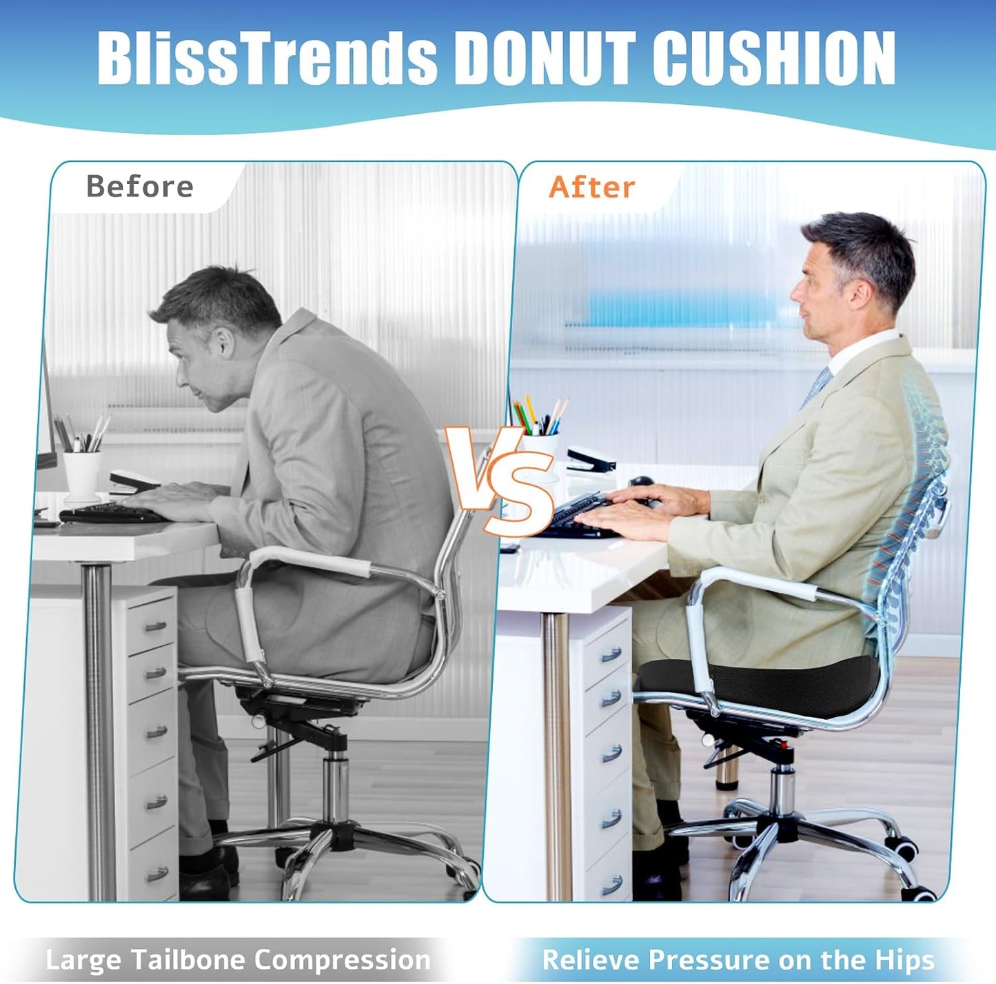 BlissTrends Donut Pillow Seat Cushion,Donut Chair Cushions for Postpartum Pregnancy & Hemorrhoids,Tailbone Pain Relief Cushion,Memory Foam Lifting Cushions for Office&Home Chairs (Black)