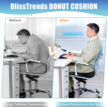 BlissTrends Donut Pillow Seat Cushion,Donut Chair Cushions for Postpartum Pregnancy & Hemorrhoids,Tailbone Pain Relief Cushion,Memory Foam Lifting Cushions for Office&Home Chairs (Black)