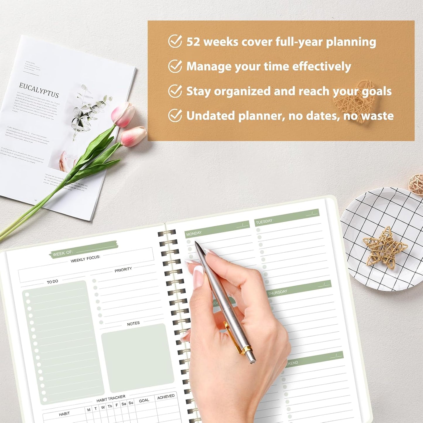 Undated Weekly Planner, Weekly To Do List Notebook, A5 Daily Planner | Office School Supplies, Spiral Binding, Inner Pocket, Goal, Organizer, Habit Tracker