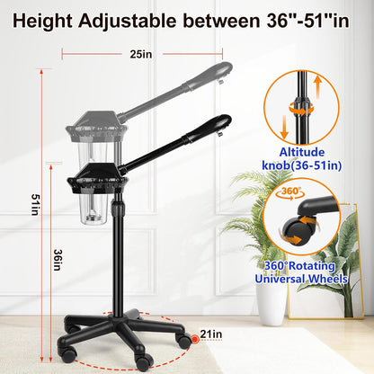 Professional Facial Steamer for Deep Cleansing and Hydration, Ozone Spa Face Steamer on Wheels, Adjustable Height and Angle,Estheticians Steamer More Steam,Suitable for Beauty, Spa and Home Use