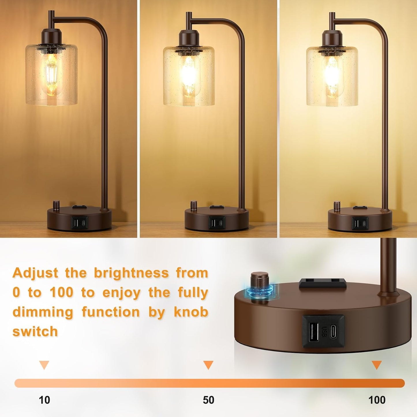 Industrial Table Lamps for Bedrooms Set of 2 - Fully Dimmable Bedside Lamps with USB A and C Ports and Outlet, Black Nightstand Lamps with Glass Shade for Living Room, Desk Lamps for Office Reading