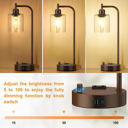 Industrial Table Lamps for Bedrooms Set of 2 - Fully Dimmable Bedside Lamps with USB A and C Ports and Outlet, Black Nightstand Lamps with Glass Shade for Living Room, Desk Lamps for Office Reading