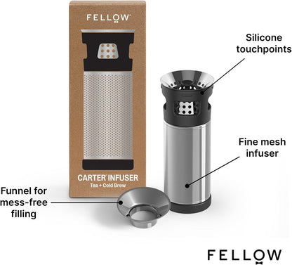 Fellow Carter Tea + Cold Brew Infuser & Carter Move 16 oz Tumbler Set - Steep Tea On-The-Go - Vacuum-Insulated Stainless Steel Travel Mug w/Snap-In Infuser For Steeping, Cold Brew, Stone Blue