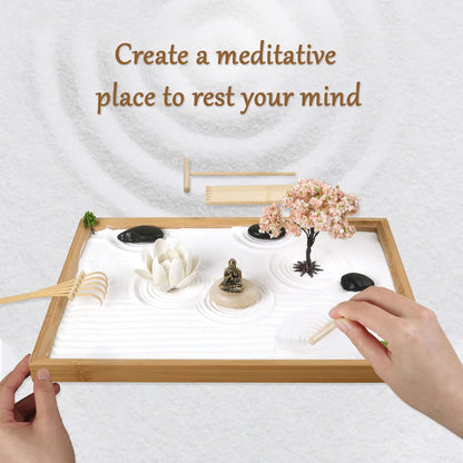 Mini Zen Garden for Desk Bodhi Tree and Buddha | Desktop Sand Tray Japanese Zen Garden Kit for Therapy Office Decor, Home Decor, Meditation Gifts