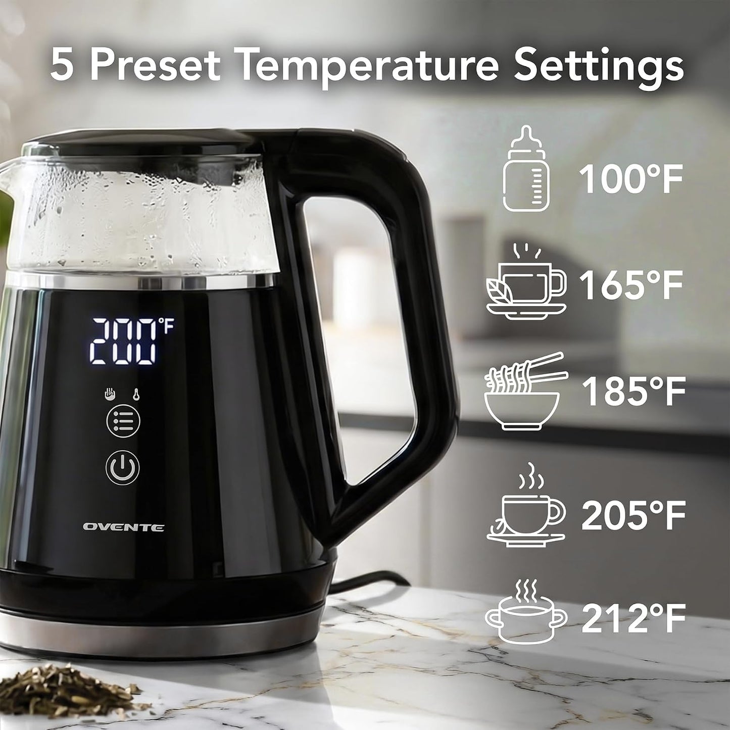 OVENTE 1L Electric Kettle with Temperature Control, 1500W, Black KD95B