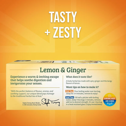 Twinings Lemon & Ginger Herbal Tea Individually Wrapped Bags, 100 Count (Pack of 1), Tangy Lemon, Spicy Ginger, Naturally Caffeine-Free, Enjoy Hot or Iced, 100 Teabags